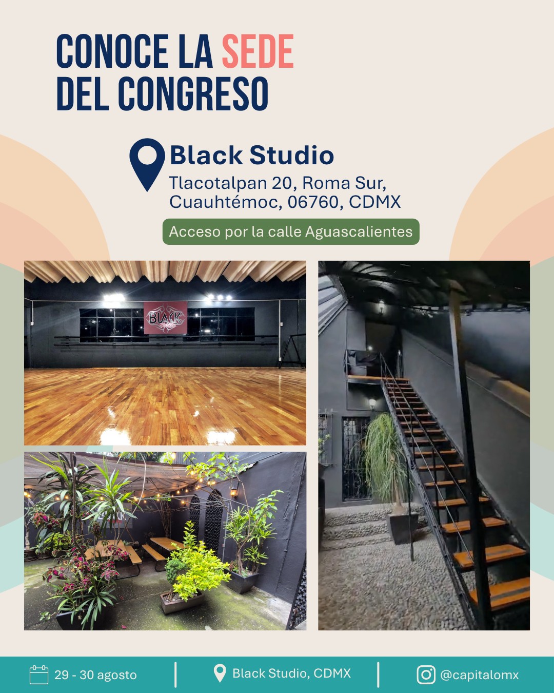 Collage de espacios de Black Studio: pista, patio y escaleras