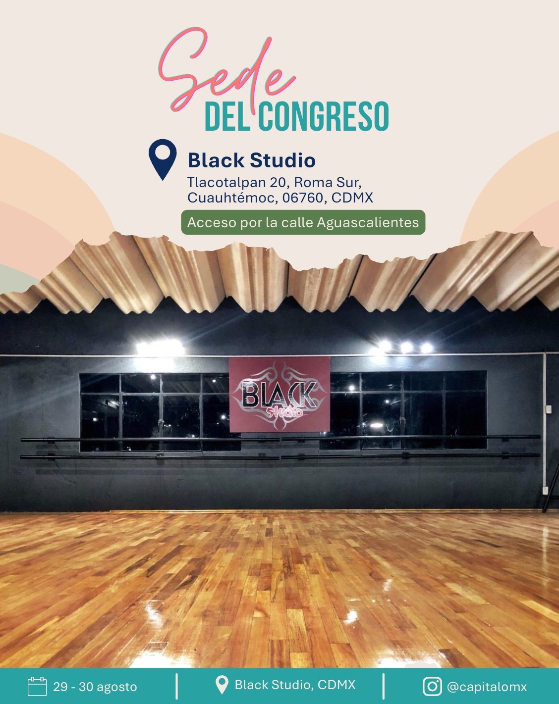 Vista frontal de Black Studio con pista de baile de madera